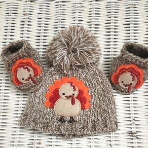 Little Me Brown Knit Turkey Hat and Booties Set